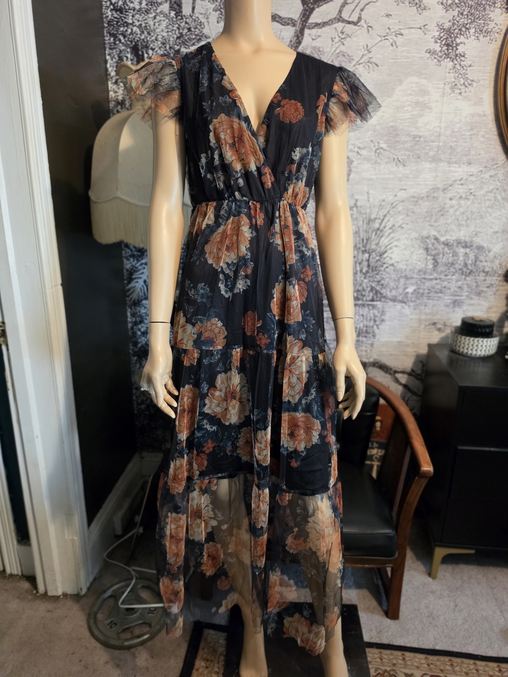 Floral Sheer Maxi Dress with Ruffled Sleeves - Black with Rust Bloom